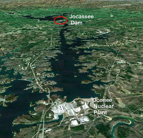 Failure of the Jocassee Dam could inundate the Oconee nuclear complex and cause meltdowns in all three reactors with radiation release to the public.