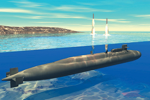Artist"s rendering of missiles being fired from a Trident submarine