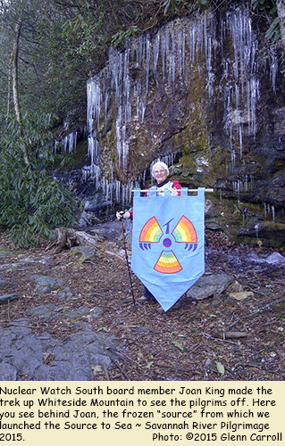 Joan King of Nuclear Watch South poses by frozen source on the launch date of the Savannah River Pilgrimage.