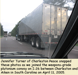 Jennifer Turner of Charleston Peace snapped these photos through the car window as we were joining the plutonium convoy.